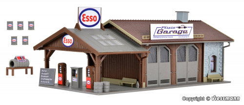 Preview: Vollmer 45599 H0 Reparaturwerkstatt Pfizis Garage mit Tankstelle