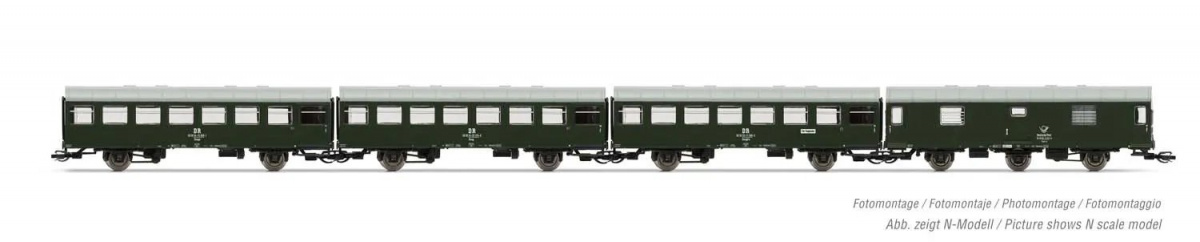 Arnold HN9512 TT 4-tlg.Set Reko Personenwagen, 3x 2.Kl. mit Postwagen, DR