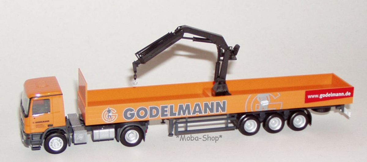 Herpa 302579 MBActros M Pritschen-Sattelzug mit Kran »Godelmann«